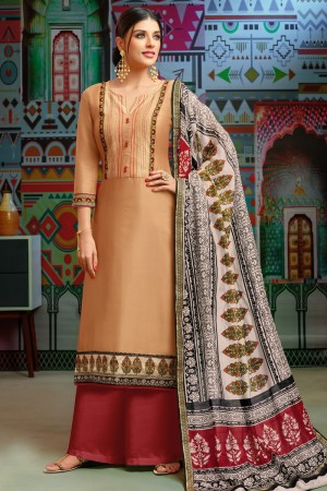 Beautiful Cream Cotton Embroidered Designer Plazo Salwar Suit With Chanderi Dupatta