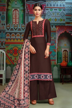 Gorgeous Brown Cotton Embroidered Designer Plazo Salwar Suit With Chanderi Dupatta