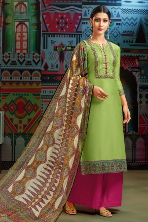 Stylish Green Cotton Embroidered Designer Plazo Salwar Suit With Chanderi Dupatta