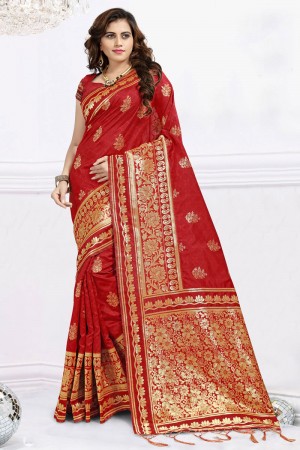Charming Red Banarasi Silk Jaquard Work Designer Saree With Banarasi Silk Blouse