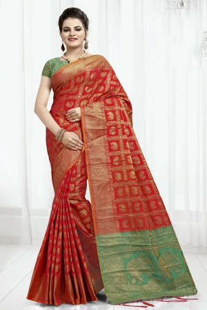 Lovely Red Designer Banarasi Silk Jaquard Work Saree With Banarasi Silk Blouse