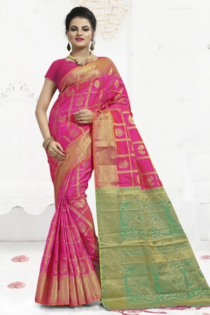 Stylish Pink Banarasi Silk Jaquard Work Designer Saree With Banarasi Silk Blouse