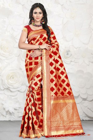 Gorgeous Red Banarasi Silk Jaquard Work Designer Saree With Banarasi Silk Blouse
