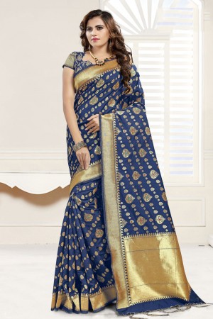 Lovely Blue Banarasi Silk Jaquard Work Designer Saree With Banarasi Silk Blouse
