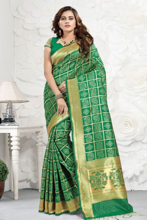 Stylish Green Banarasi Silk Jaquard Work Designer Saree With Banarasi Silk Blouse