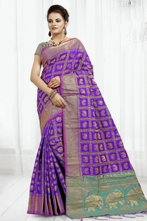 Pretty Purple Banarasi Silk Jaquard Work Designer Saree With Banarasi Silk Blouse