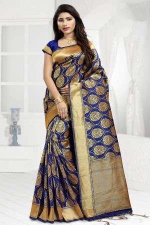 Charming Blue Banarasi Silk Jaquard Work Designer Saree With Banarasi Silk Blouse