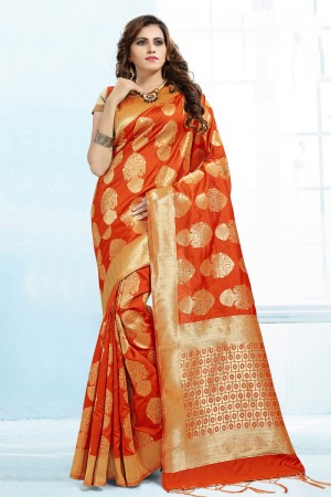 Ultimate Orange Banarasi Silk Jaquard Work Designer Saree With Banarasi Silk Blouse
