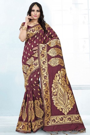 Pretty Maroon Banarasi Silk Jaquard Work Designer Saree With Banarasi Silk Blouse