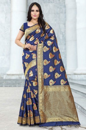 Admirable Blue Designer Banarasi Silk Jaquard Work Saree With Banarasi Silk Blouse