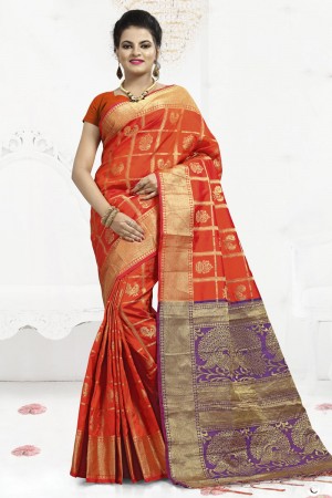 Graceful Orange Banarasi Silk Jaquard Work Designer Saree With Banarasi Silk Blouse