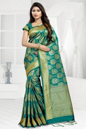 Supreme Teal Designer Banarasi Silk Jaquard Work Saree With Banarasi Silk Blouse