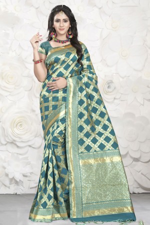 Desirable Teal Banarasi Silk Jaquard Work Designer Saree With Banarasi Silk Blouse