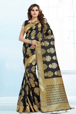 Optimum Black Banarasi Silk Jaquard Work Designer Saree With Banarasi Silk Blouse