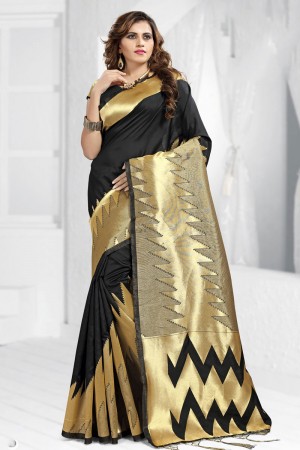 Beautiful Black Banarasi Silk Jaquard Work Designer Saree With Banarasi Silk Blouse