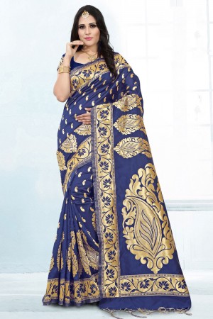 Gorgeous Blue Banarasi Silk Jaquard Work Designer Saree With Banarasi Silk Blouse