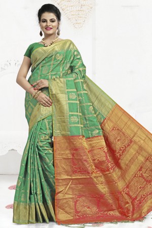 Optimum Green Banarasi Silk Jaquard Work Designer Saree With Banarasi Silk Blouse