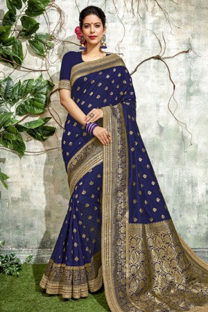 Lovely Navy Blue Silk Jaquard Work Designer Saree With Silk Blouse