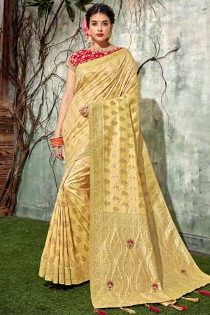 Admirable Golden Silk Jaquard Work Designer Saree With Silk Blouse