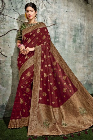 Pretty Maroon Silk Jaquard Work Designer Saree With Silk Blouse