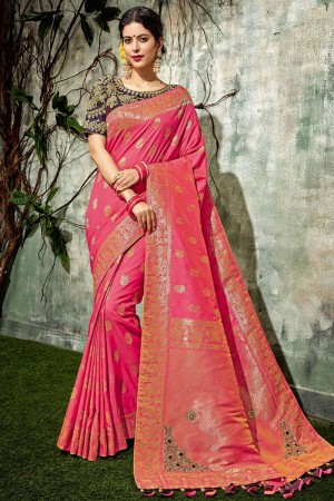 Charming Pink Designer Silk Jaquard Work Saree With Silk Blouse