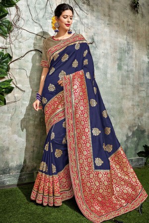 Optimum Blue Silk Jaquard Work Designer Saree With Silk Blouse