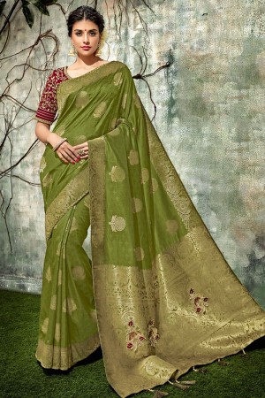 Ultimate Green Silk Jaquard Work Designer Saree With Silk Blouse