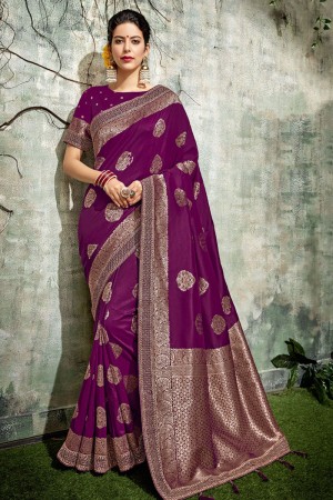 Excellent Violet Silk Jaquard Work Designer Saree With Silk Blouse