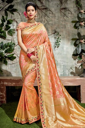 Charming Peach Silk Jaquard Work Designer Saree With Silk Blouse
