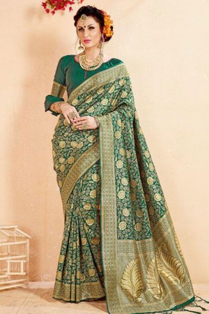 Classic Green Banarasi Silk Jaquard Work Designer Saree With Banarasi Silk Blouse