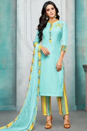 Gorgeous Sky Blue Silk Embroidered Designer Salwar Suit With Maslin Dupatta