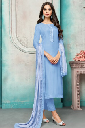 Lovely Blue Silk Embroidered Designer Salwar Suit With Maslin Dupatta