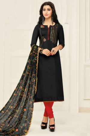 Lovely Black Chanderi Embroidered Designer Casual Salwar Suit With Chiffon Dupatta