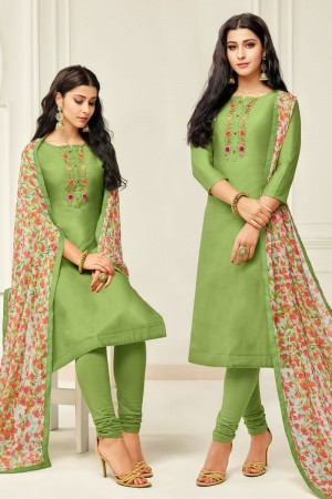 Stylish Green Chanderi Embroidered Designer Casual Salwar Suit With Chiffon Dupatta