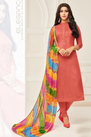 Admirable Peach Chanderi Designer Casual Salwar Suit With Chiffon Dupatta