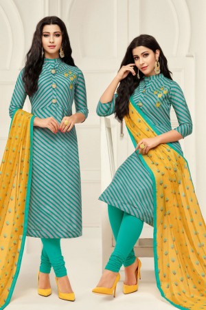 Optimum Turquoise Chanderi Embroidered Designer Casual Salwar Suit With Chiffon Dupatta