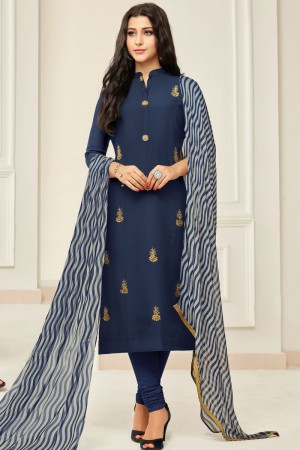 Pretty Navy Blue Chanderi Embroidered Designer Casual Salwar Suit With Chiffon Dupatta