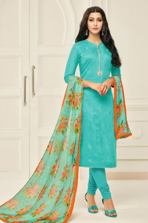 Graceful Turquoise Chanderi Embroidered Designer Casual Salwar Suit With Chiffon Dupatta