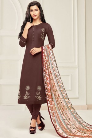 Desirable Coffee Chanderi Embroidered Designer Casual Salwar Suit With Chiffon Dupatta
