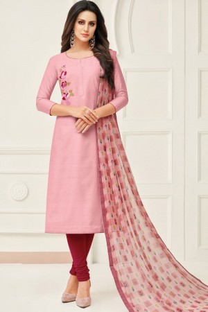 Excellent Pink Chanderi Embroidered Designer Casual Salwar Suit With Chiffon Dupatta