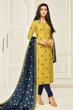 Gorgeous Yellow Chanderi Embroidered Designer Casual Salwar Suit With Chiffon Dupatta