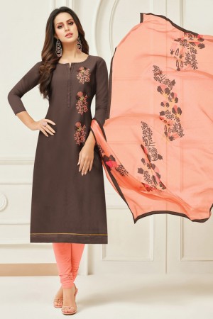 Classic Brown Chanderi Embroidered Designer Casual Salwar Suit With Chiffon Dupatta