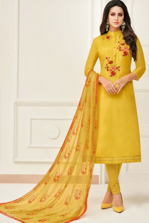 Supreme Yellow Chanderi Embroidered Designer Casual Salwar Suit With Chiffon Dupatta
