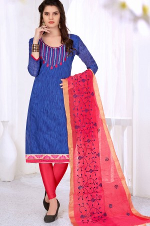 Stylish Blue Cotton Designer Casual Salwar Suit With Silk Dupatta