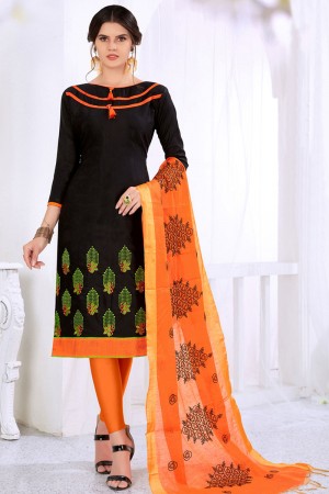 Admirable Black Cotton Designer Casual Salwar Suit With Silk Dupatta