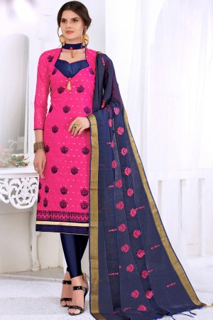 Classic Pink Cotton Embroidered Designer Casual Salwar Suit With Silk Dupatta