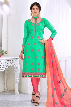 Beautiful Turquiose Cotton Embroidered Designer Casual Salwar Suit With Silk Dupatta