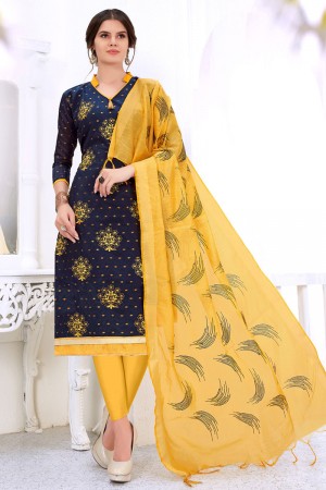 Charming Navy Blue Cotton Embroidered Designer Casual Salwar Suit With Silk Dupatta
