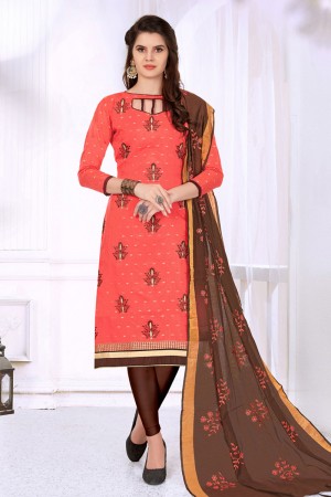 Admirable Pink Cotton Embroidered Designer Casual Salwar Suit With Silk Dupatta