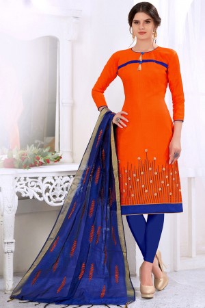 Supreme Orange Cotton Embroidered Designer Casual Salwar Suit With Silk Dupatta